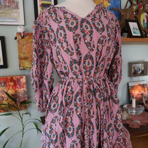 Knox Rose Midi Dres Pink Floral 3/4 Sleeve Ruffle Tie Waist Pockets